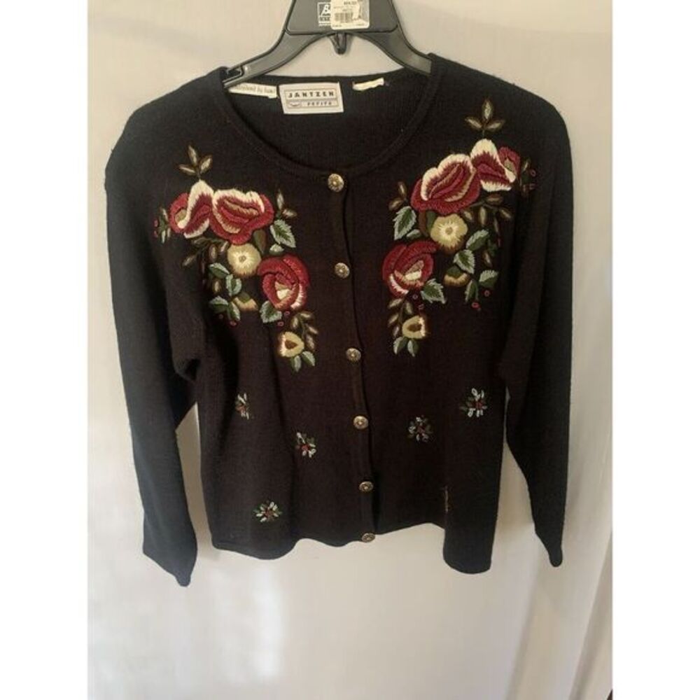 Women's PM Jantzen Hand Embroidered Floral VTG Cardigan Cottage Core Granny